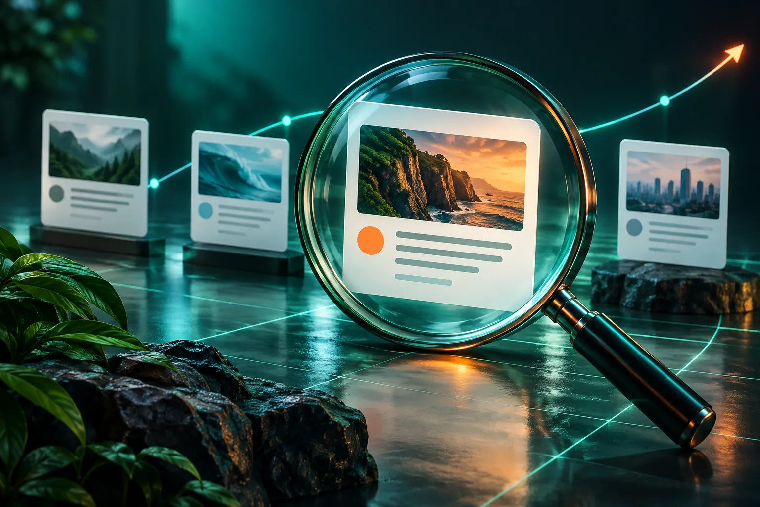 An emerald search lens brings website results into focus against a luminous cyan background.