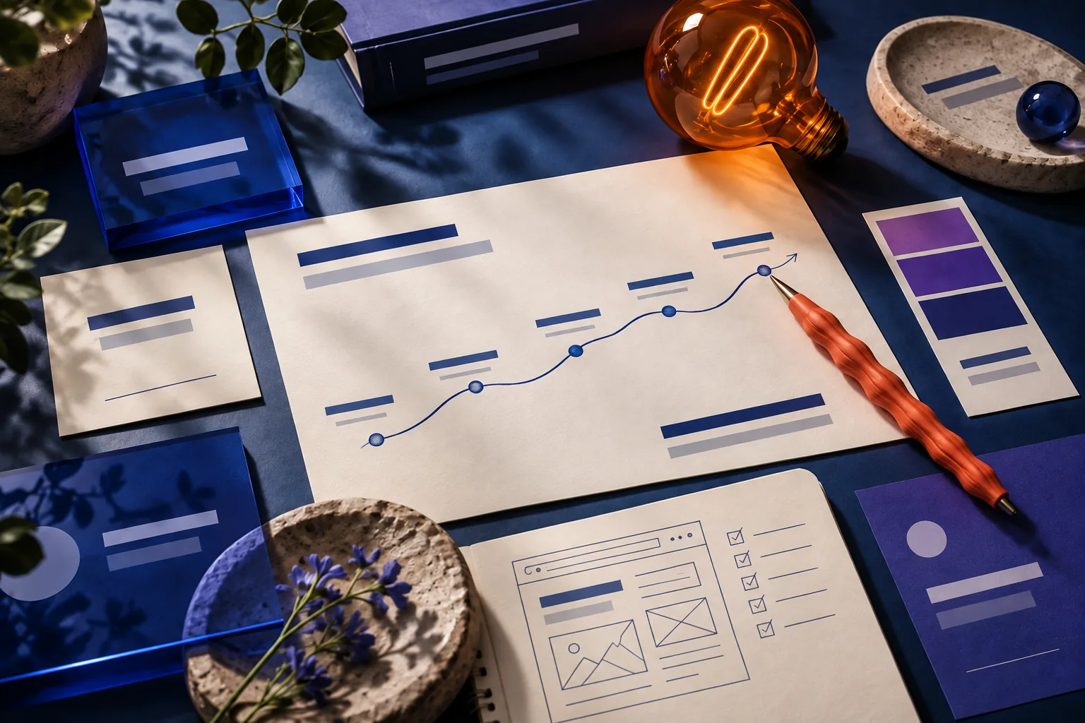 An indigo creative desk with a connected journey diagram, wireframes, colour swatches and an amber idea bulb.
