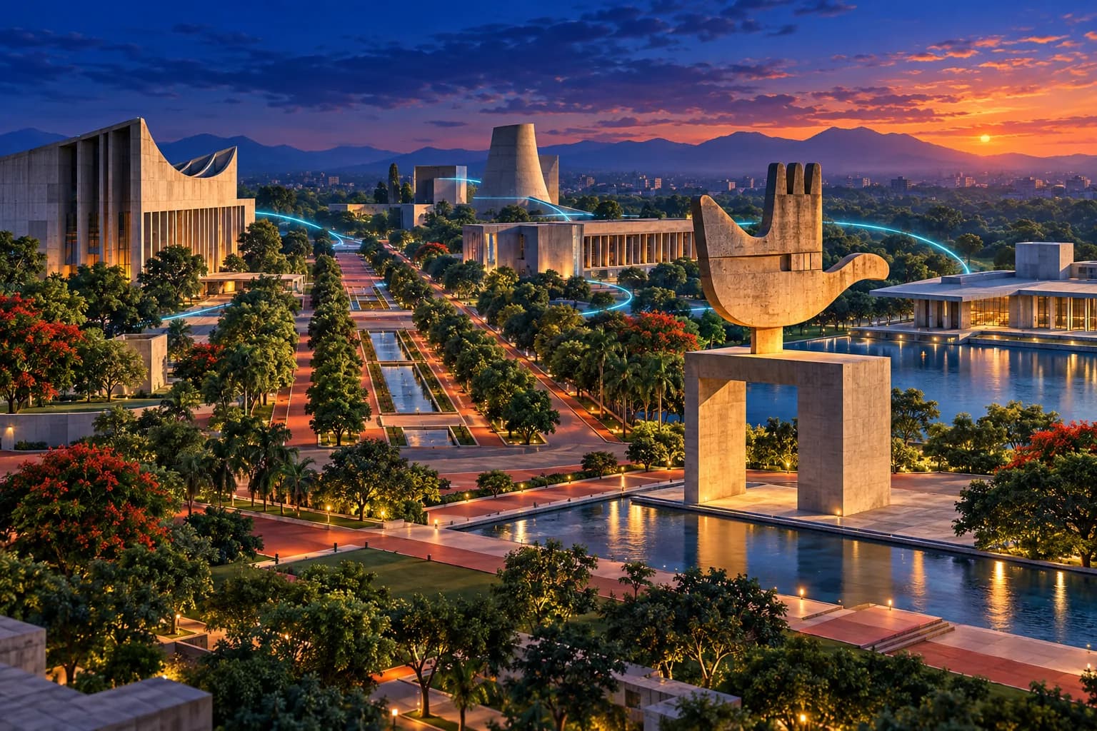 An imagined Chandigarh-inspired cityscape with modernist buildings, green avenues and an open hand sculpture at a blue and orange sunset.