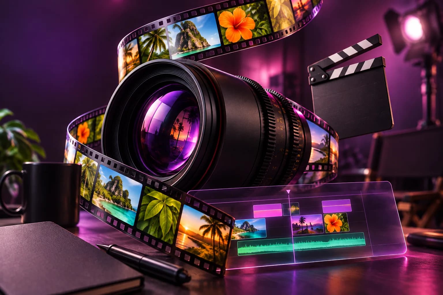 A violet cinema lens wrapped in colourful film frames above a glowing editing timeline.