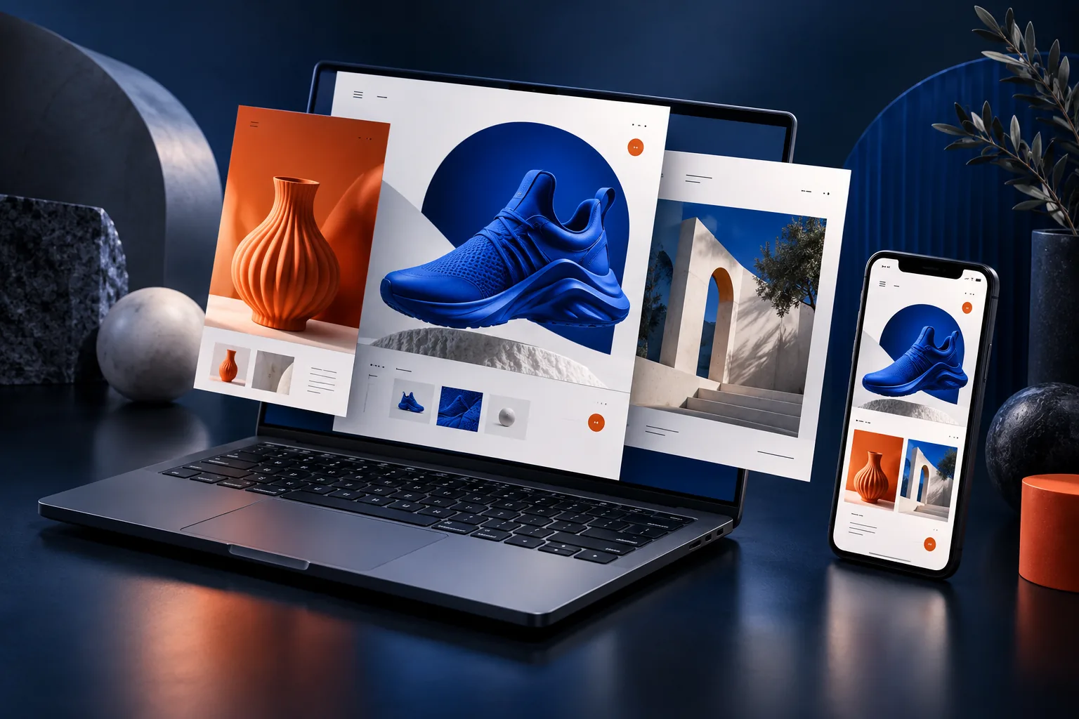 A cobalt laptop with colourful shop layouts and a matching mobile website unfolding from its screen.